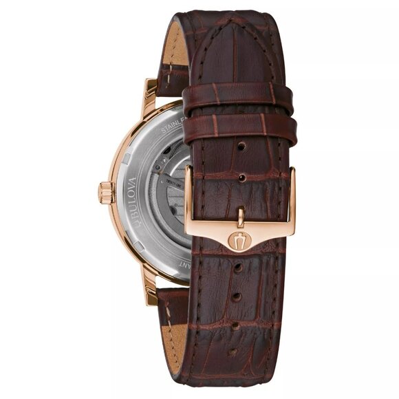 Bulova Men's Classic Automatic Skeleton Brown Leather Strap Watch - Picture 3 of 5